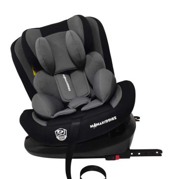 ISOFIX-es 360°-ban forgatható Mama Kiddies Racing biztonsági autósülés (40 -125 cm) fekete-szürke színben + Ajándék fejvédő párna